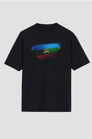 Karaçay Çerkesya - Karachay Cherkessia Bayrağı Baskılı Unisex Siyah Oversize Tişört