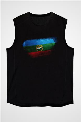 Karaçay Çerkesya - Karachay Cherkessia Bayrağı Baskılı Unisex Siyah Kolsuz Tişört