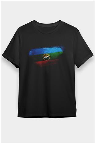 Karaçay Çerkesya - Karachay Cherkessia Bayrağı Baskılı Unisex Siyah Tişört