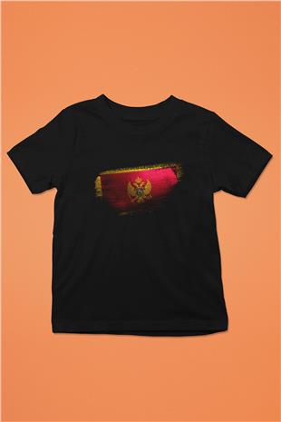 Karadağ - Montenegro Bayrağı Baskılı Unisex Siyah Çocuk Tişörtü