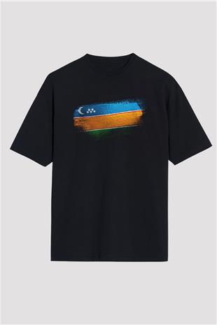 Karakalpakistan - Karakalpakstan Bayrağı Baskılı Unisex Siyah Oversize Tişört
