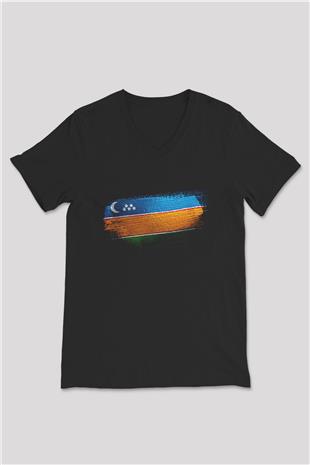 Karakalpakistan - Karakalpakstan Bayrağı Baskılı Unisex Siyah V Yaka Tişört