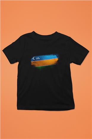 Karakalpakistan - Karakalpakstan Bayrağı Baskılı Unisex Siyah Çocuk Tişörtü