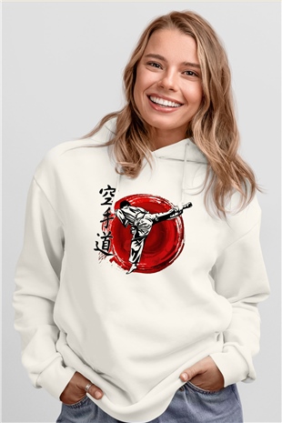 Karate Beyaz Unisex Kapüşonlu Sweatshirt