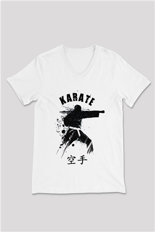 Karate Beyaz Unisex V Yaka Tişört T-Shirt