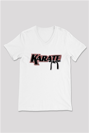 Karate Beyaz Unisex V Yaka Tişört T-Shirt