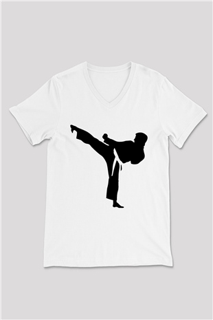Karate Beyaz Unisex V Yaka Tişört T-Shirt