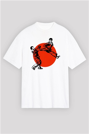 Karate Temalı Baskılı Beyaz Oversize Tişört