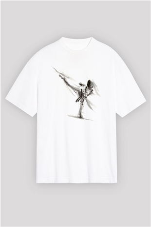 Karate Temalı Baskılı Beyaz Oversize Tişört