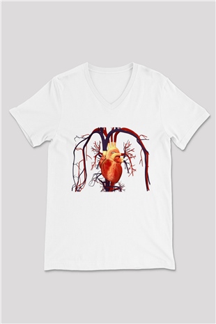 Kardiyolog Beyaz Unisex V Yaka Tişört T-Shirt