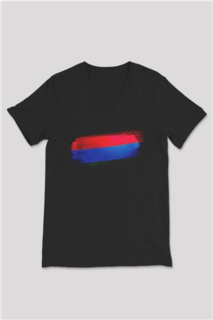 Karelya Cumhuriyeti - Karelia Bayrağı Baskılı Unisex Siyah V Yaka Tişört
