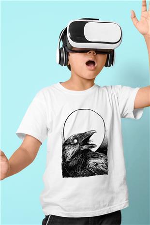 Karga Baskılı Beyaz Unisex Beyaz Çocuk Tişört - Tshirt