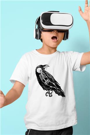 Karga Baskılı Beyaz Unisex Beyaz Çocuk Tişört - Tshirt