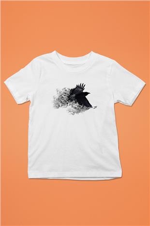 Karga Baskılı Beyaz Unisex Beyaz Çocuk Tişört - Tshirt