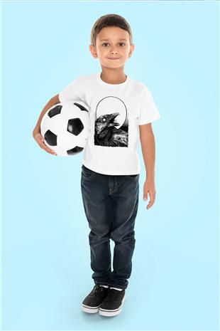 Karga Baskılı Beyaz Unisex Beyaz Çocuk Tişört - Tshirt