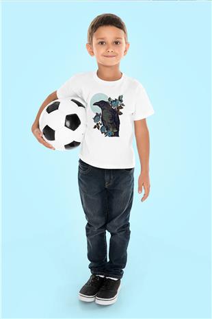 Karga Baskılı Beyaz Unisex Beyaz Çocuk Tişört - Tshirt