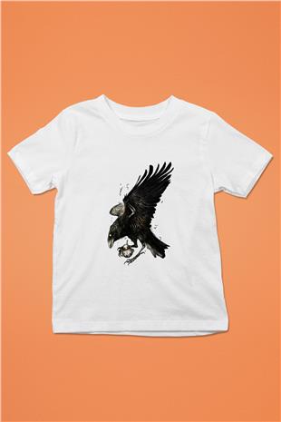 Karga Baskılı Beyaz Unisex Beyaz Çocuk Tişört - Tshirt