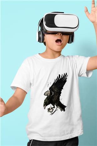 Karga Baskılı Beyaz Unisex Beyaz Çocuk Tişört - Tshirt