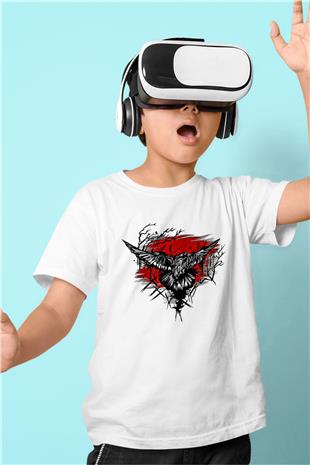 Karga Baskılı Beyaz Unisex Beyaz Çocuk Tişört - Tshirt