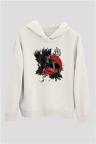 Karga Baskılı Beyaz Unisex Hoodie