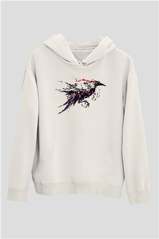 Karga Baskılı Beyaz Unisex Hoodie