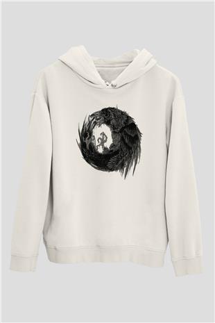 Karga Baskılı Beyaz Unisex Hoodie