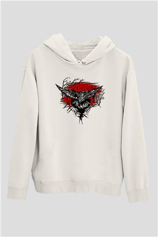 Karga Baskılı Beyaz Unisex Hoodie