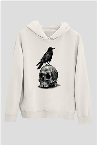 Karga Baskılı Beyaz Unisex Hoodie