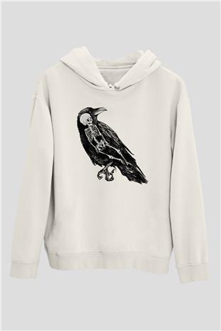 Karga Baskılı Beyaz Unisex Hoodie