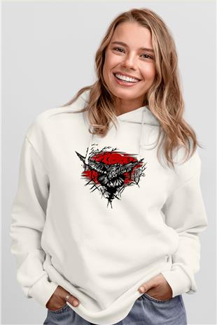 Karga Baskılı Beyaz Unisex Hoodie