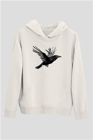 Karga Baskılı Beyaz Unisex Hoodie