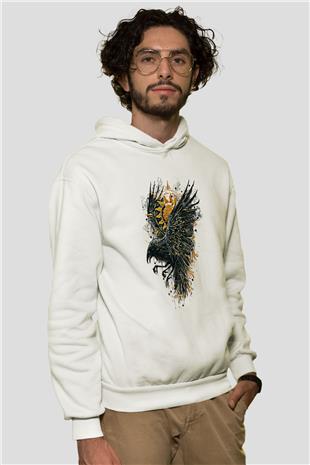 Karga Baskılı Beyaz Unisex Hoodie