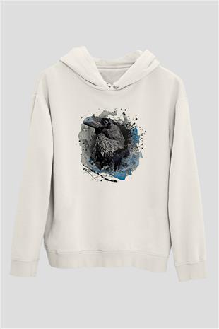 Karga Baskılı Beyaz Unisex Hoodie