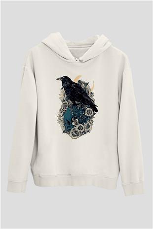 Karga Baskılı Beyaz Unisex Hoodie