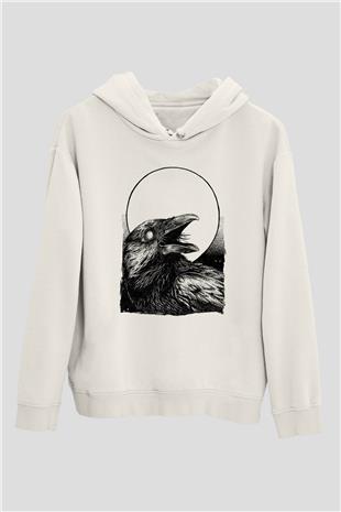 Karga Baskılı Beyaz Unisex Hoodie