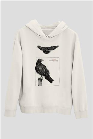 Karga Baskılı Beyaz Unisex Hoodie