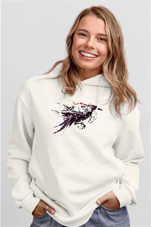 Karga Baskılı Beyaz Unisex Hoodie