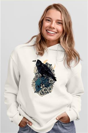 Karga Baskılı Beyaz Unisex Hoodie