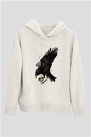 Karga Baskılı Beyaz Unisex Hoodie