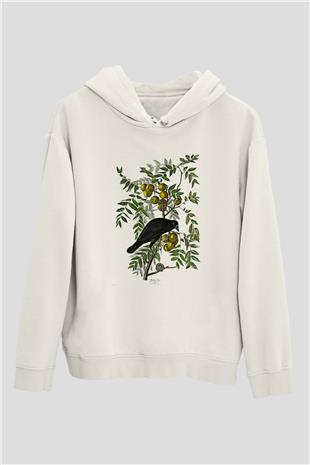 Karga Baskılı Beyaz Unisex Hoodie