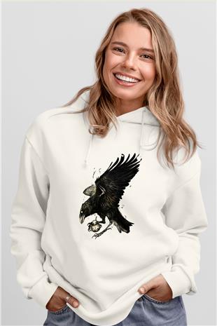 Karga Baskılı Beyaz Unisex Hoodie