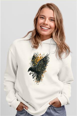 Karga Baskılı Beyaz Unisex Hoodie