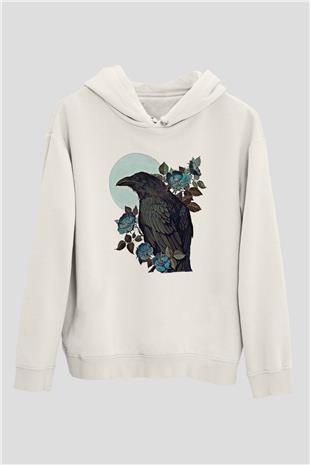 Karga Baskılı Beyaz Unisex Hoodie