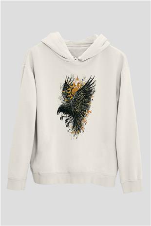 Karga Baskılı Beyaz Unisex Hoodie