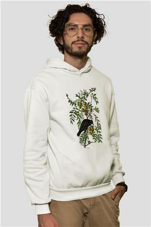 Karga Baskılı Beyaz Unisex Hoodie