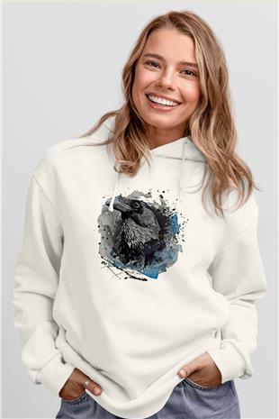 Karga Baskılı Beyaz Unisex Hoodie