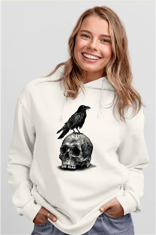 Karga Baskılı Beyaz Unisex Hoodie