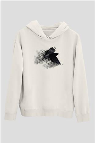 Karga Baskılı Beyaz Unisex Hoodie