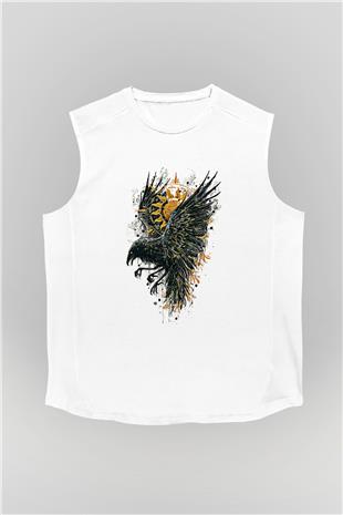 Karga Baskılı Beyaz Unisex Kolsuz Tişört - Tshirt