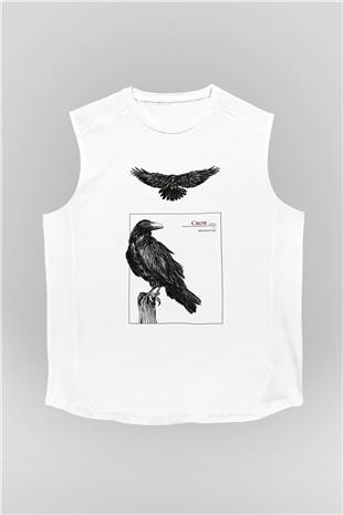 Karga Baskılı Beyaz Unisex Kolsuz Tişört - Tshirt